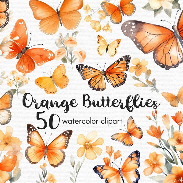 Orange Butterfly Clipart, Flowers clipart, 50 png files with Transparent Background, Spring Clipart, Garden Clipart, floral INSTANT DOWNLOAD