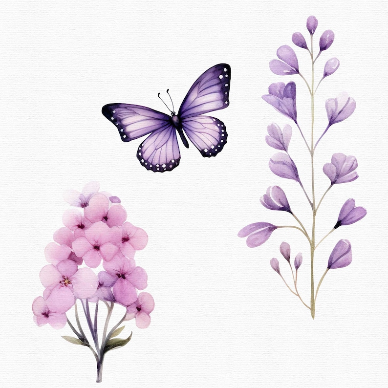 May include: A watercolor illustration of a purple butterfly, pink flowers, and purple flowers with green stems.