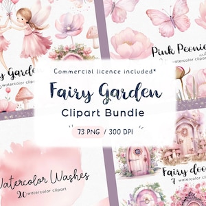 Paquete de imágenes prediseñadas de jardín de hadas rosa, imágenes prediseñadas de mariposas, imágenes prediseñadas de flores de jardín de hadas, 73 archivos png con fondo transparente