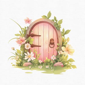 K&ouml;nnte beinhalten: Eine skurrile Illustration einer Feent&uuml;r. Die rosa Holzt&uuml;r ist in einem Steinbogen angeordnet, verziert mit braunen Scharnieren und einem runden Griff. Sie ist von &uuml;ppigem Gr&uuml;n umgeben, darunter rosa und wei&szlig;e Blumen und Grashalme.