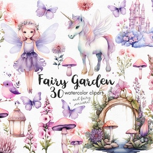 Clipart papillon, clipart fleurs jardin féerique, 30 fichiers png avec fond Transparent, champignon rose, floral TÉLÉCHARGEMENT IMMÉDIAT