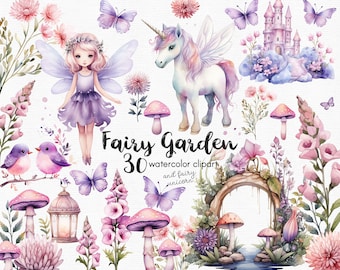 May include: Watercolour clipart set featuring a fairy, unicorn, mushrooms, flowers, and a castle. The set includes 30 images and is perfect for creating whimsical designs.
