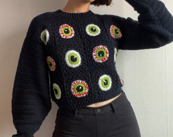 Halloween Granny Square Eyeball Crochet Sweater PDF Pattern (English), Who's There? Sweater, Crochet Sweater Pattern, Crochet Jumper Pattern