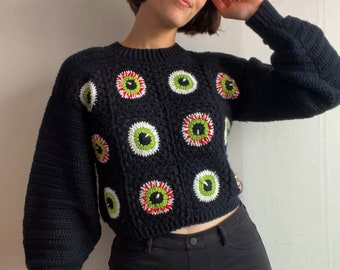 Who's There Sweater: Halloween Granny Square Eyeball Crochet Sweater PDF Pattern (English), Crochet Sweater Pattern, Crochet Jumper Pattern