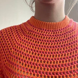 Trendy made to measure summer crochet mesh top. Made with a double folded collar and a raglan sleeve, this chic, sexy crochet top will be your summer staple.