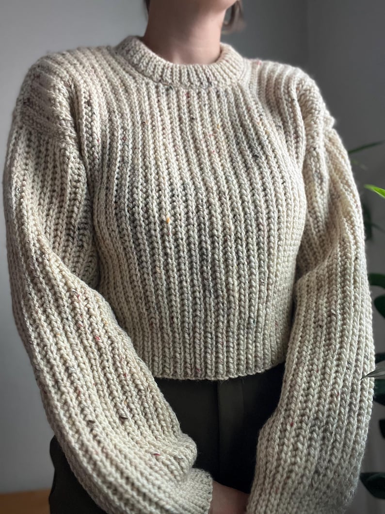Beginner friendly mock knit fisherman style crochet sweater, size inclusive, includes video tutorials and detailed written instructions