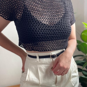 Trendy made to measure summer crochet mesh top. Made with a double folded collar and a raglan sleeve, this chic, sexy crochet top will be your summer staple.
