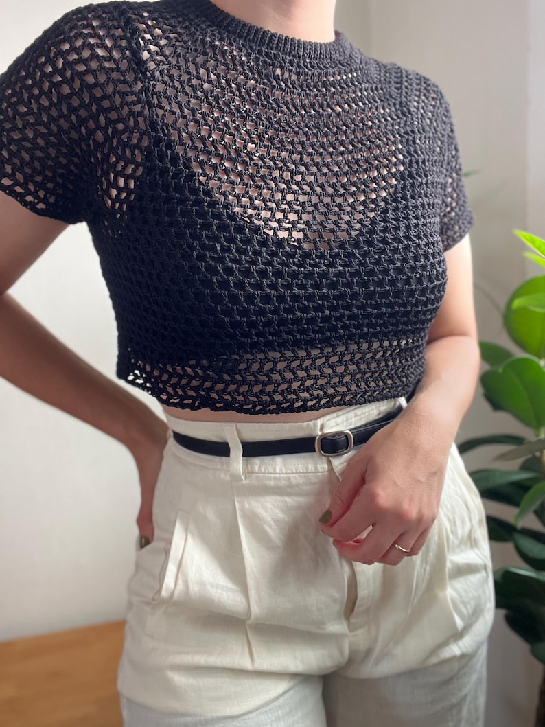 Trendy made to measure summer crochet mesh top. Made with a double folded collar and a raglan sleeve, this chic, sexy crochet top will be your summer staple.