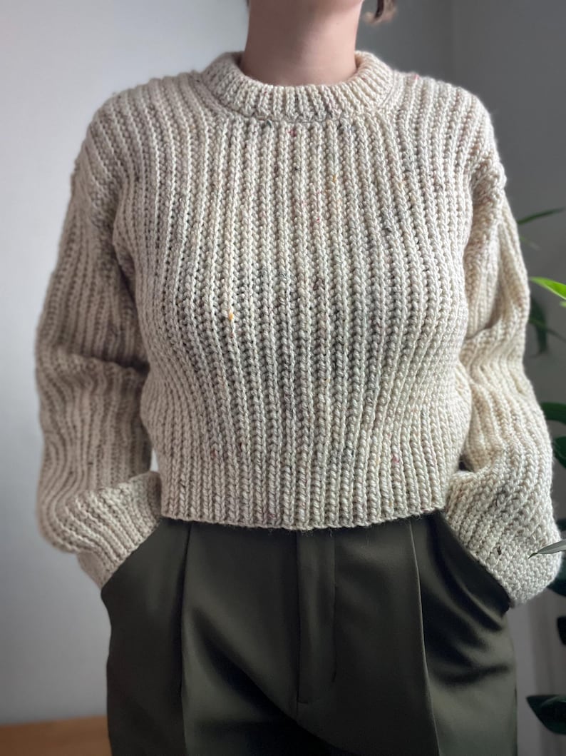 Beginner friendly mock knit fisherman style crochet sweater, size inclusive, includes video tutorials and detailed written instructions