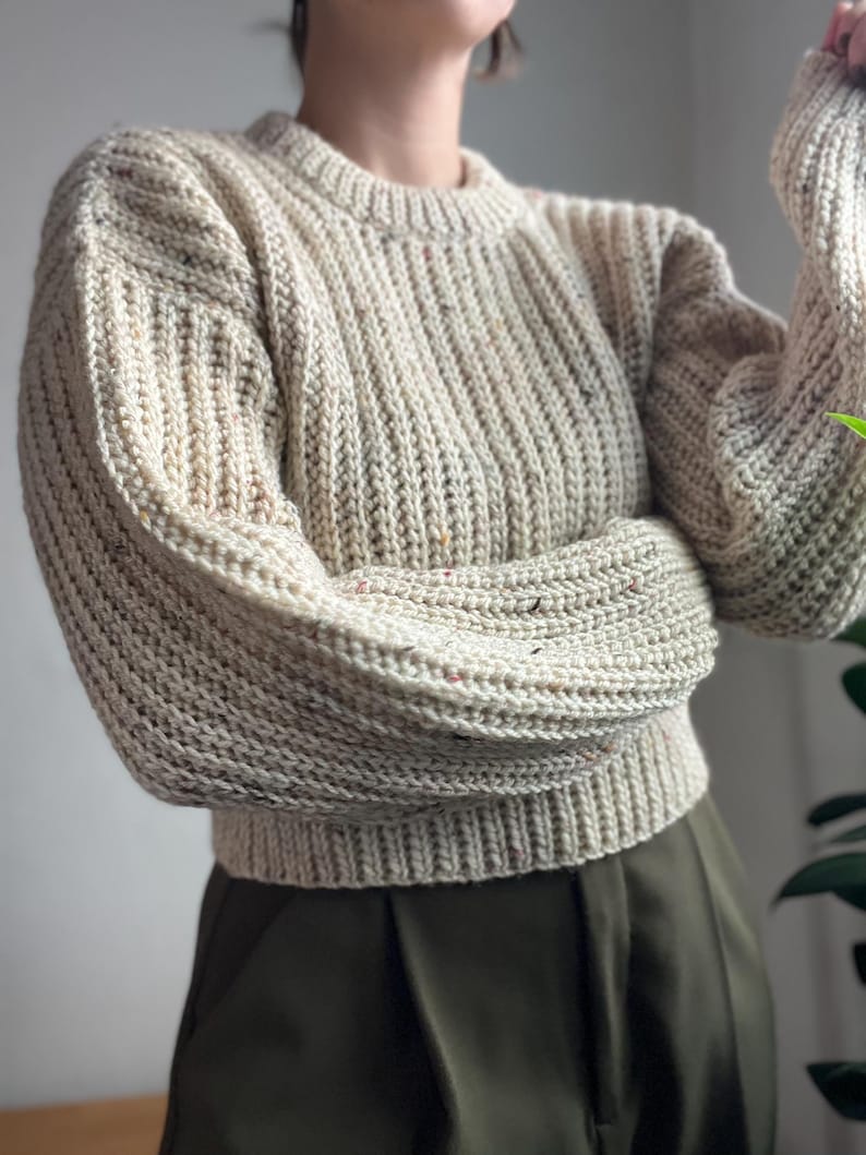 Beginner friendly mock knit fisherman style crochet sweater, size inclusive, includes video tutorials and detailed written instructions