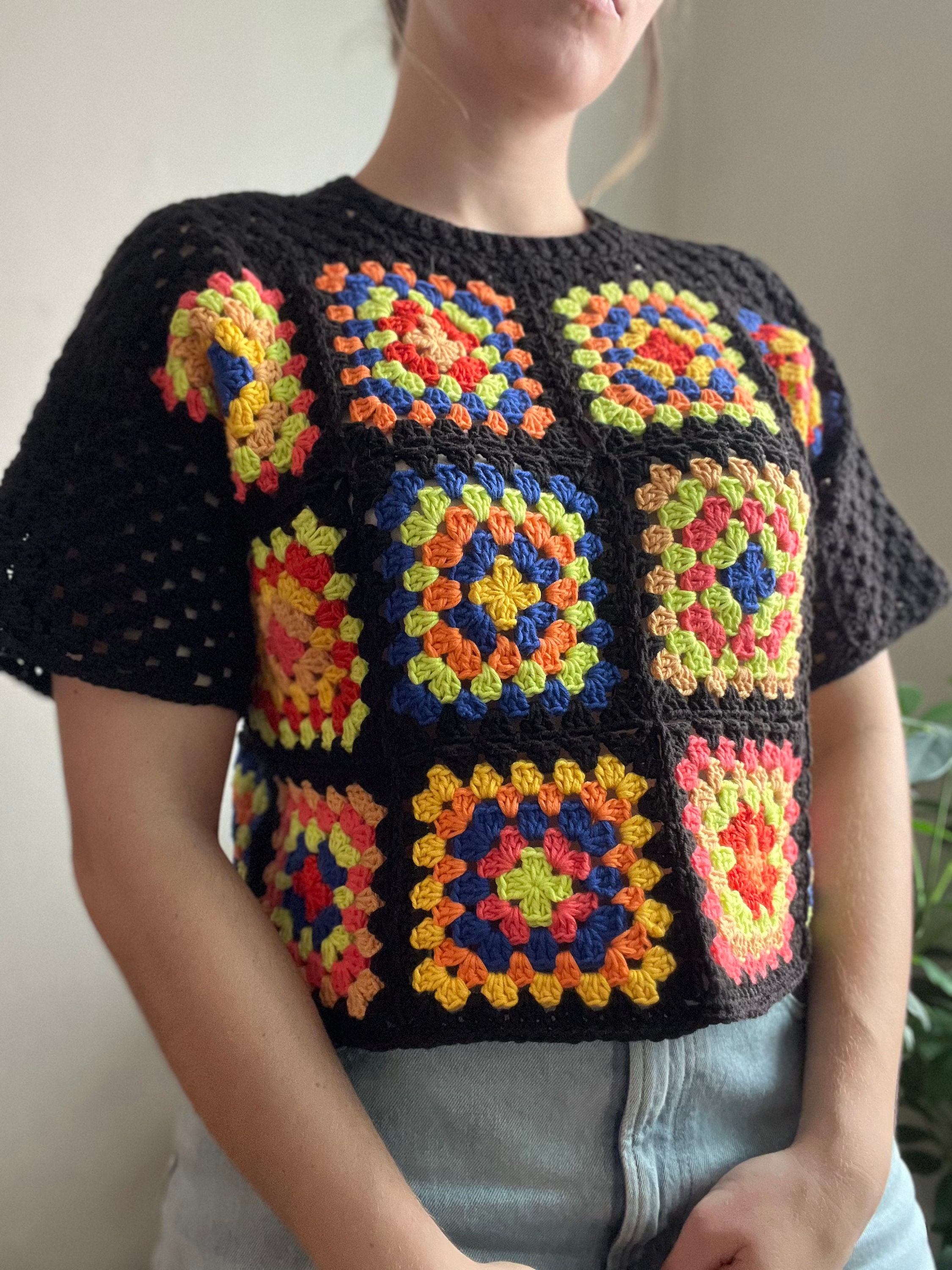 Granny Square Crochet Top Pattern (English): Stash Buster