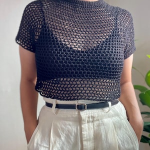 Trendy made to measure summer crochet mesh top. Made with a double folded collar and a raglan sleeve, this chic, sexy crochet top will be your summer staple.