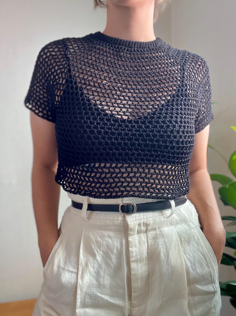 Trendy made to measure summer crochet mesh top. Made with a double folded collar and a raglan sleeve, this chic, sexy crochet top will be your summer staple.