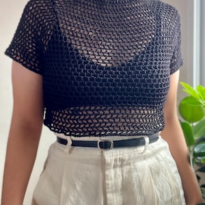 Trendy made to measure summer crochet mesh top. Made with a double folded collar and a raglan sleeve, this chic, sexy crochet top will be your summer staple.