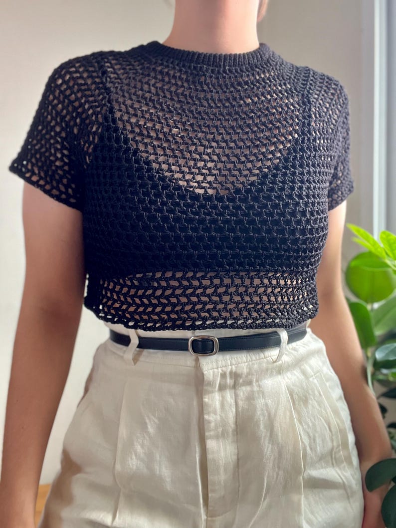 Trendy made to measure summer crochet mesh top. Made with a double folded collar and a raglan sleeve, this chic, sexy crochet top will be your summer staple.