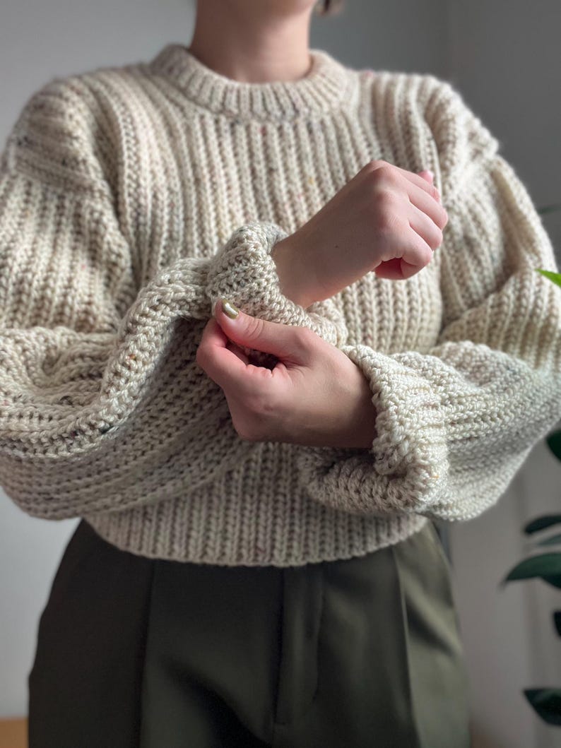 Beginner friendly mock knit fisherman style crochet sweater, size inclusive, includes video tutorials and detailed written instructions