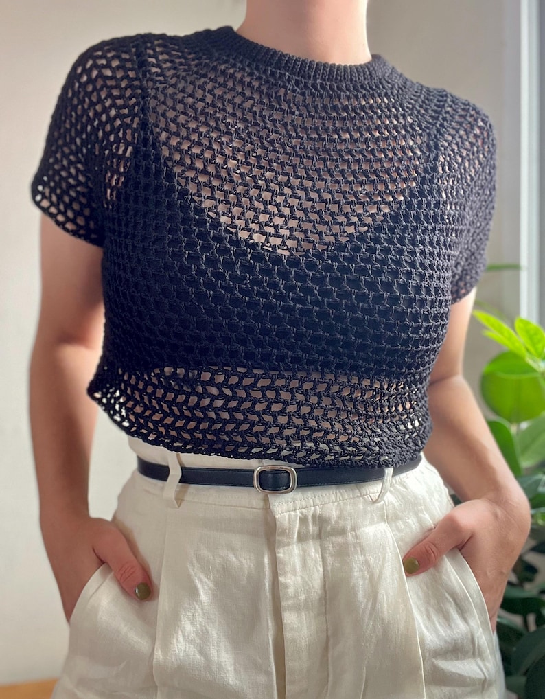Trendy made to measure summer crochet mesh top. Made with a double folded collar and a raglan sleeve, this chic, sexy crochet top will be your summer staple.