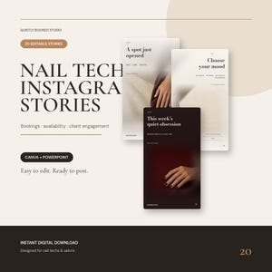 編集可能なCanvaネイルテクニシャン向けInstagramストーリーテンプレート20選｜予約、空き状況、顧客エンゲージメントキット