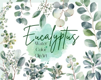 40 Eucalyptus Watercolor Clipart Elements, Wreaths, Green&Gold Clipart, Wedding Card Design, PNG 450 DPI, Commercial Use, Digital Download