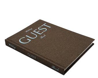 Brown Linen Wedding Guest Book with blue text