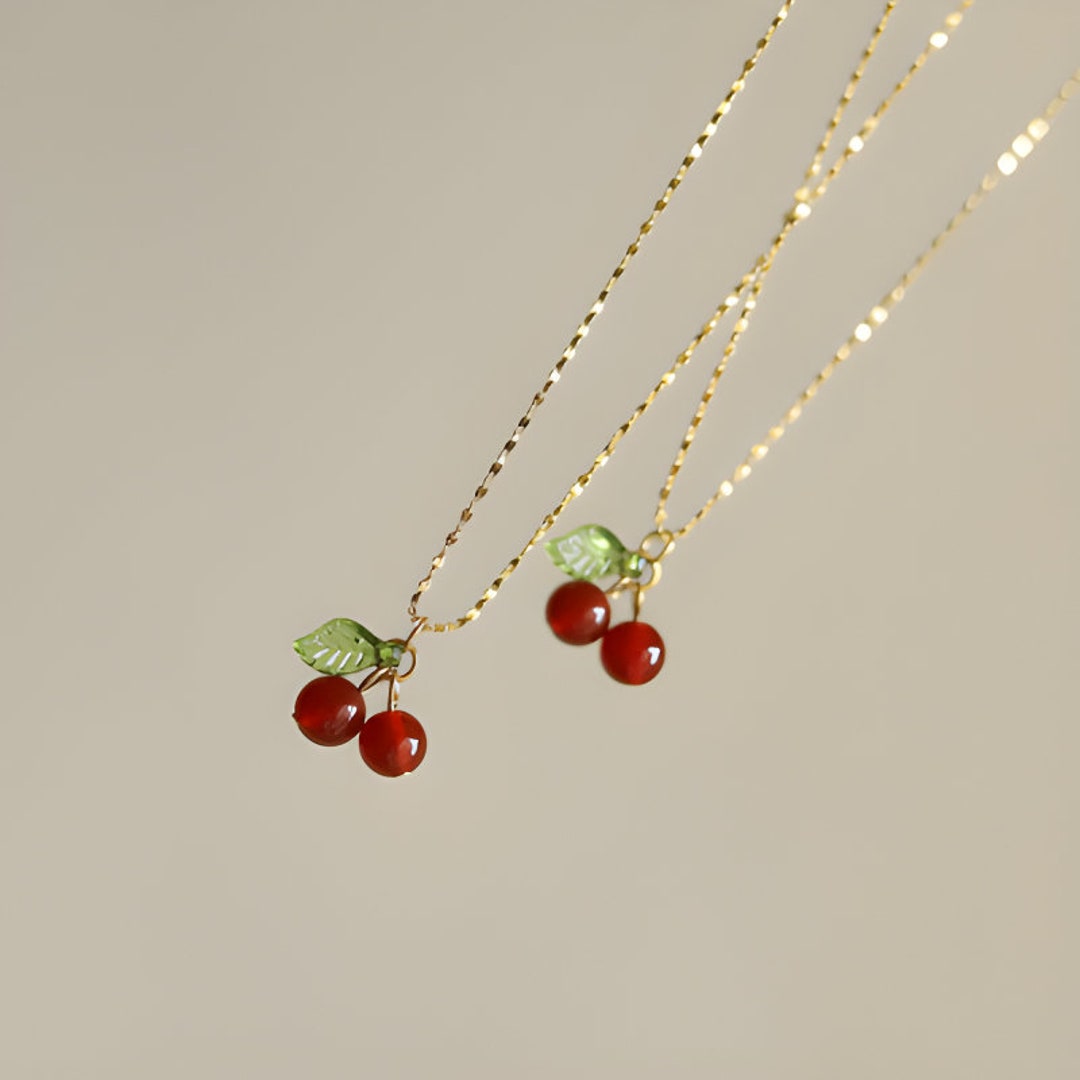 Dainty Cherries Necklace, Red Cherries Necklace, Gold Necklace