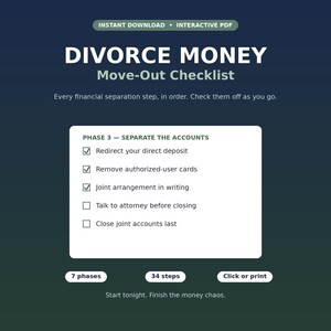 May include: An interactive PDF digital document titled DIVORCE MONEY Move-Out Checklist. It features a Phase 3 section to separate accounts with checkboxes for redirecting direct deposits, removing cards, and joint arrangements.