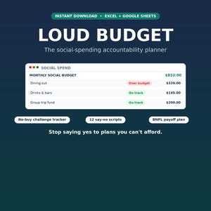 May include: A digital budget planner titled LOUD BUDGET with the subtitle The social-spending accountability planner. It features a table showing monthly social spending categories, status labels, and dollar amounts, plus buttons for additional tools.