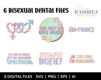 May include: Six digital files featuring colorful illustrations with text related to bisexuality. The designs include a heart with a peace sign, a globe with the text "The Best of Both Worlds", a rainbow with the text "Bi Panic", a rainbow with the text "It's not a phase, it's my amazing spectrum", a rainbow with the text "Why not both?", and a rainbow with the text "Bi the way, I'm fabulous".