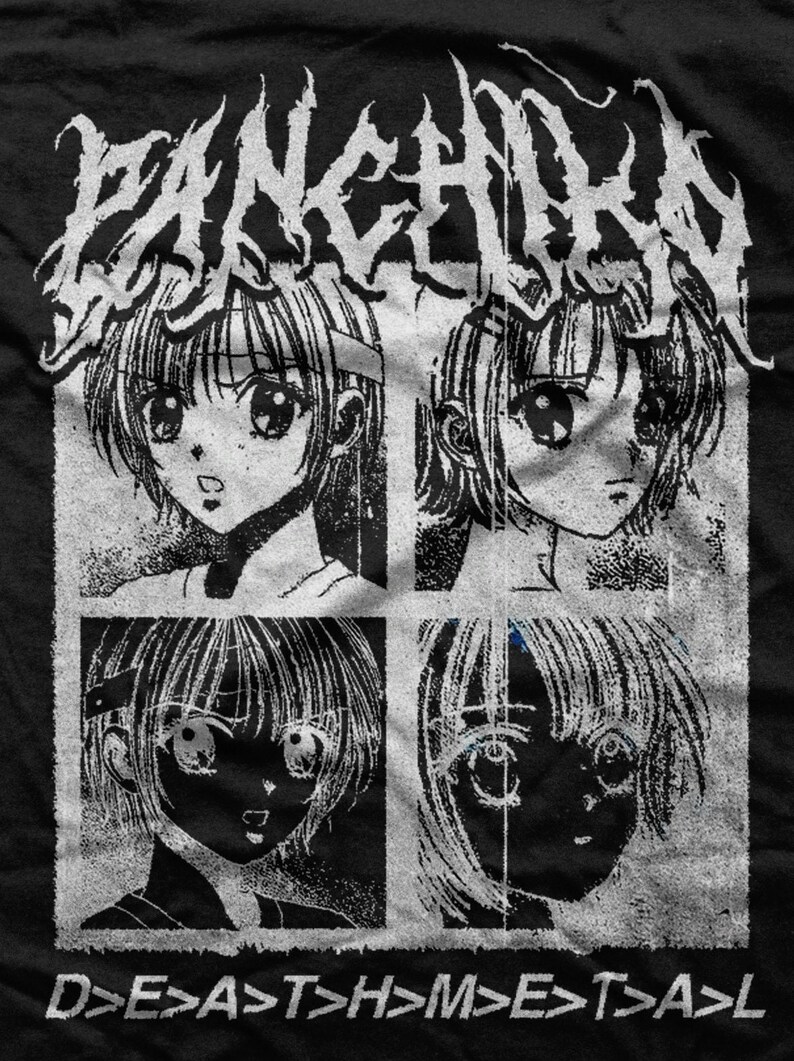 May include: Black and white graphic t-shirt featuring a band name "FANCHIKO" in a stylized font with a grunge aesthetic. The design includes four black and white images of anime-style characters with large eyes. The text "D>E>A>T>H>M>E>T>A>L" is printed at the bottom of the shirt.