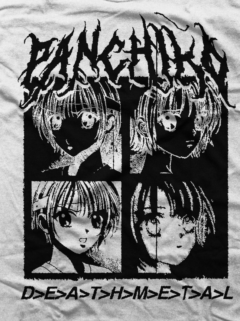 以下が含まれることがあります： 黒と白のグラフィックデザイン。4つのアニメスタイルの顔と、デザインの上下に「FANCHIO」と「D>E>A>T>H>M>E>T>A>L」のテキストが書かれている。