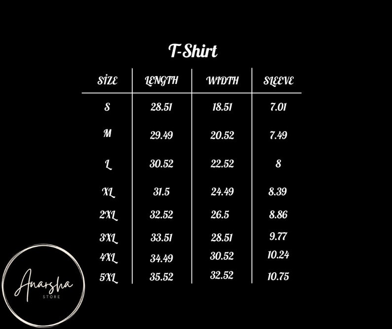 以下が含まれることがあります： Tシャツのサイズと、それに対応する長さ、幅、袖の長さの寸法をインチで示した表。サイズはSから5XLまでです。