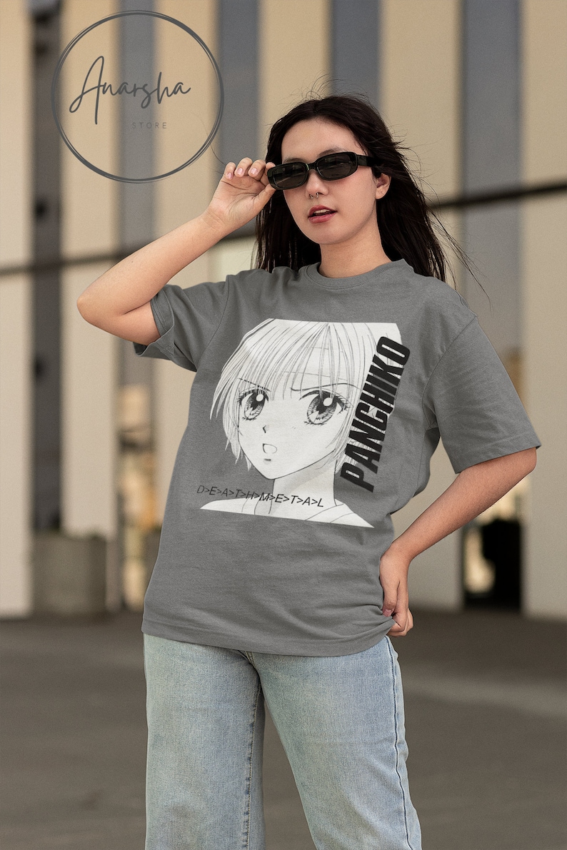 May include: Gray t-shirt with a black and white illustration of a girl with the text "PANCHIKO" and "D>E>A>TH>M>E>T>A>L" printed on the front.