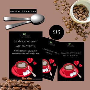 Mantras matinais positivos, afirmações matinais, 25 cartões digitais para download com tema de café, estimulantes do humor, melhora da saúde mental, café da alma.