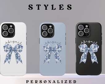 Blue Preppy Bow Aesthetic Phone Cover Personalized Teen Birthday Gift Floral Phone Case IPhone 17 16 Pro Samsung Galaxy S25 S24 Google Pixel