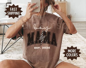 T-shirt Comfort Colors® Boy Mama T-shirt personnalisé avec date de naissance T-shirt Lightning pour nouvelle maman Cadeaux pour la première fois de la fête des Mères Futurs parents