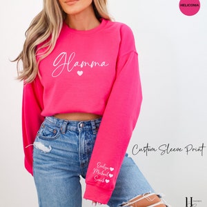 Pink Personalized Glamma Shirt With Kids Name on Sleeve Grandma Birthday Gifts New Baby Reveal Grandparents Day Gift Grandma Christmas Gift