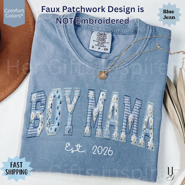 Boy Mama Comfort Colors® Shirt, Expectant Mom Mother's Day Gifts, Floral Faux Patchwork Maternity Tee, Baby Shower Outfit, Fake Embroidered