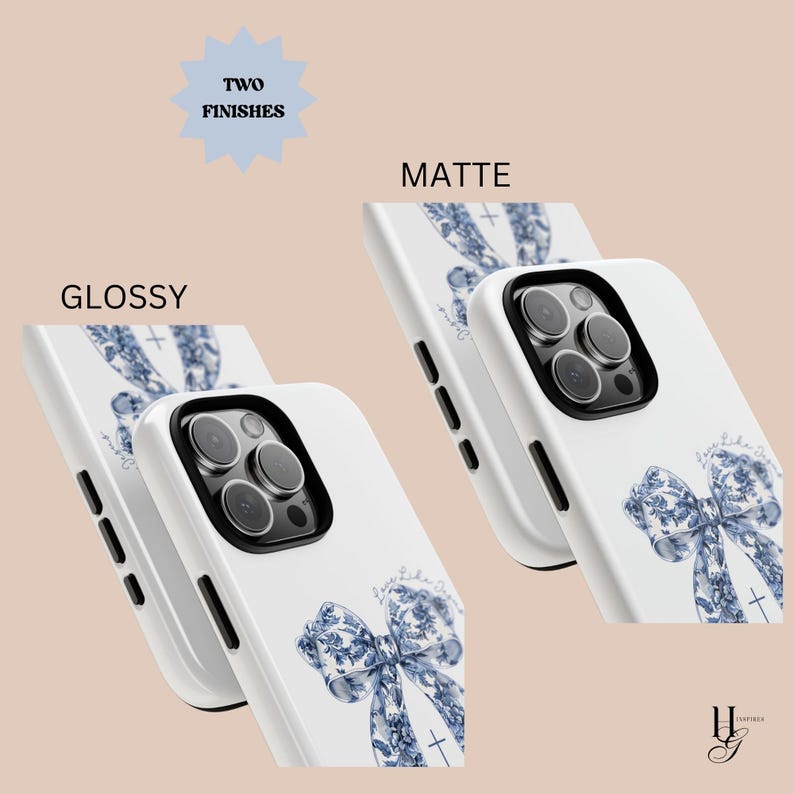 May include: Two iPhone cases with a blue bow design. One case is glossy and the other is matte.
