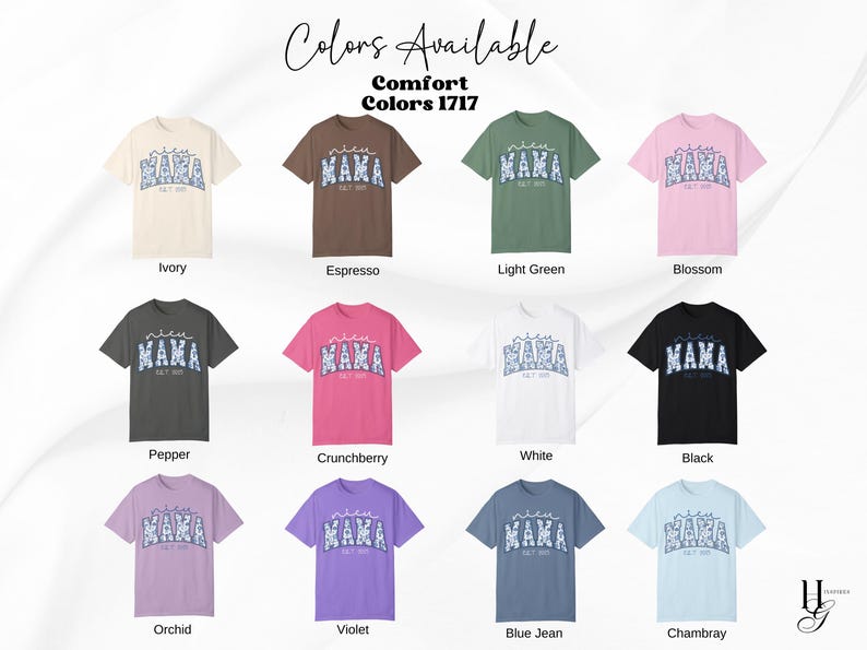 May include: A collection of Comfort Colors 1717 t-shirts in various colors, including ivory, espresso, light green, and blossom. Each shirt features the word "MAMA" in a floral design, with "EST 2023" below. The available colors are displayed.