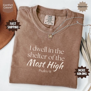 May include: An espresso-colored short-sleeve t-shirt with a crew neckline. The shirt features the white printed text, I dwell in the shelter of the Most High Psalm 91. A thin silver-toned chain necklace with a small circular pendant rests on the fabric.