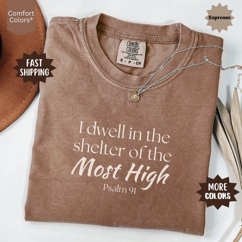 May include: An espresso-colored short-sleeve t-shirt with a crew neckline. The shirt features the white printed text, I dwell in the shelter of the Most High Psalm 91. A thin silver-toned chain necklace with a small circular pendant rests on the fabric.