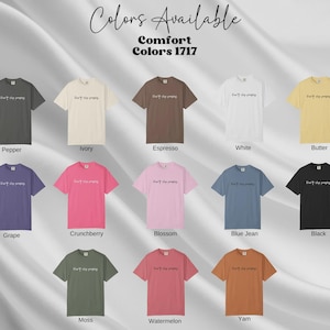 May include: A display of Comfort Colors 1717 t-shirts in various colors, including Pepper, Ivory, Espresso, White, Butter, Grape, Crunchberry, Blossom, Blue Jean, Black, Moss, Watermelon, and Yam. Each shirt has the text "Don't stop praying" printed on the front.