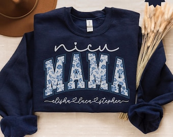Personalized NICU Mama Sweatshirt NICU Mom Gifts Blue Toile Neonatal Mom Shirt With Kids Name Preemie Awareness Baby Reveal Maternity Outfit