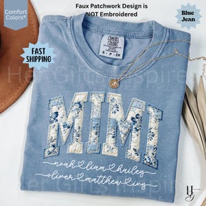 Personlig Mimi-tröja med barnnamn Gigi, mors dag-present, blommig lapptäcke, konstgjord quiltad t-shirt, falsk broderad Mimi Nana-födelsedagspresenter