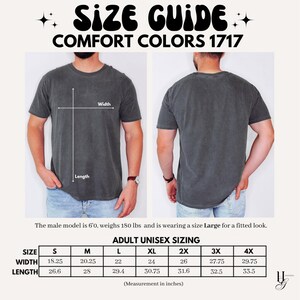Peut inclure: Guide des tailles pour les t-shirts Comfort Colors 1717. L'image pr&eacute;sente un mod&egrave;le portant un t-shirt gris et un tableau des tailles. Le tableau indique les mesures en pouces pour les tailles unisexes adultes, de S &agrave; 4XL. Le mod&egrave;le mesure 1,83 m et p&egrave;se 81,6 kg.