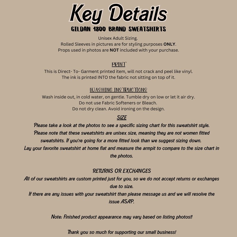 Puede incluir: Texto negro sobre fondo beige que detalla informaci&oacute;n sobre sudaderas Gildan 1800. Incluye detalles sobre tallas, impresi&oacute;n, instrucciones de lavado y devoluciones. Las sudaderas son unisex.