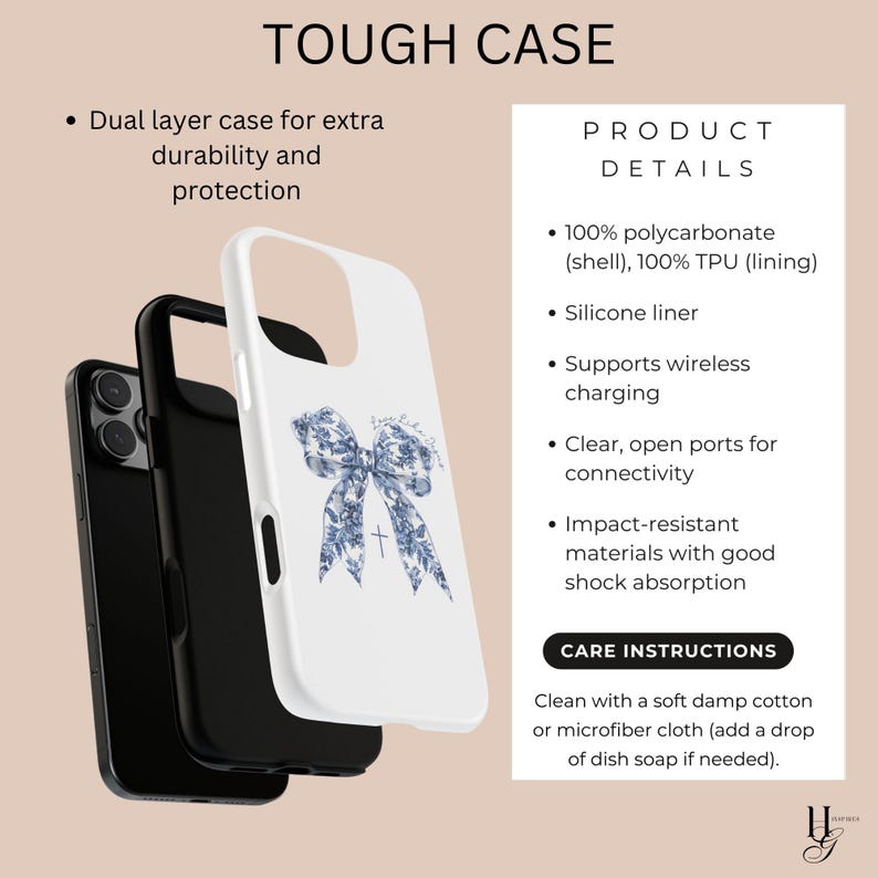 May include: A white phone case with a blue floral bow design. The case is made of two layers for extra durability and protection. The case is compatible with wireless charging and has open ports for connectivity.