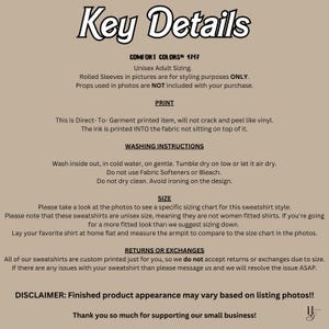 May include: A beige informational graphic titled Key Details containing text about Comfort Colors 1717 unisex adult apparel, including print methods, washing instructions, sizing guidance, and return policies, with a small logo in the bottom right corner.