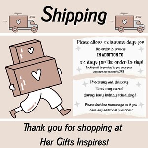 Puede incluir: Ilustraci&oacute;n de una persona llevando cajas con corazones. El texto dice: "Env&iacute;o. Por favor, permita de 3 a 6 d&iacute;as h&aacute;biles para procesar el pedido. Adem&aacute;s de 3 a 6 d&iacute;as para enviar el pedido. &iexcl;El seguimiento se le proporcionar&aacute; una vez que su paquete haya llegado a USPS! &iexcl;El procesamiento y la entrega pueden tardar m&aacute;s durante la temporada alta de vacaciones! &iexcl;No dude en contactarnos si tiene alguna pregunta adicional! &iexcl;Gracias por comprar en Her Gifts Inspires!"