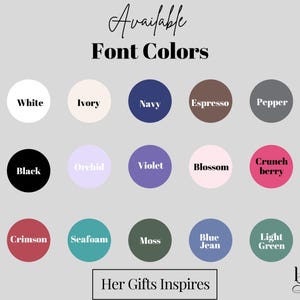 Peut inclure: Un nuancier de couleurs avec le texte "Couleurs de police disponibles" et les mots "Blanc", "Ivoire", "Marine", "Expresso", "Poivre", "Noir", "Orchid&eacute;e", "Violet", "Fleur", "Baie croquante", "Cramoisi", "&Eacute;cume de mer", "Mousse", "Jean bleu" et "Vert clair".